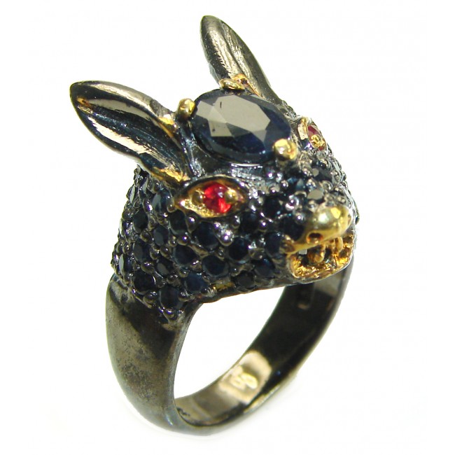 Chunky Rabbit Authentic Sapphire black rhodium over .925 Sterling Silver handmade Ring s. 8 3/4