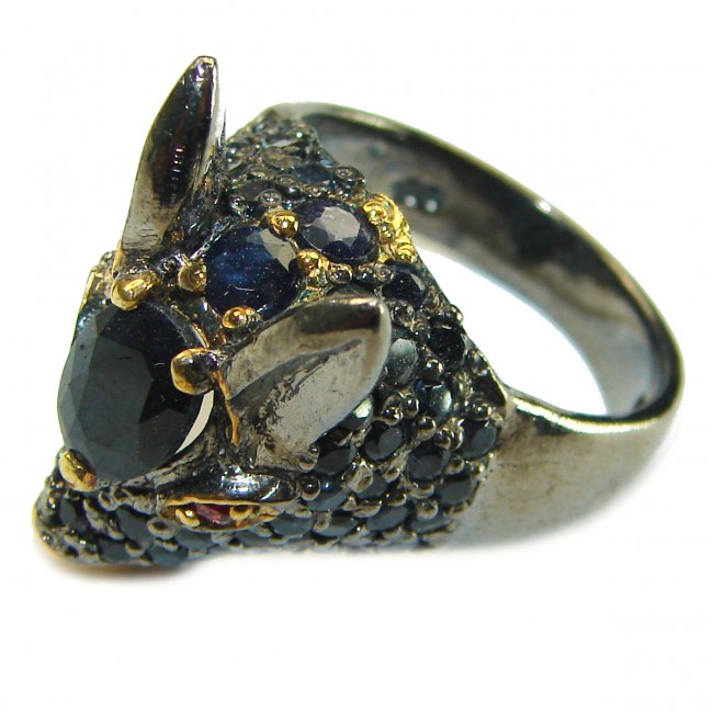 Chunky Rabbit Authentic Sapphire black rhodium over .925 Sterling Silver handmade Ring s. 8 3/4