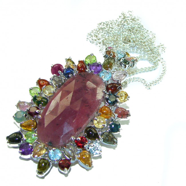 Vintage Beauty Authentic Ruby Smoky Topaz .925 Sterling Silver handcrafted 24 inches Statement necklace