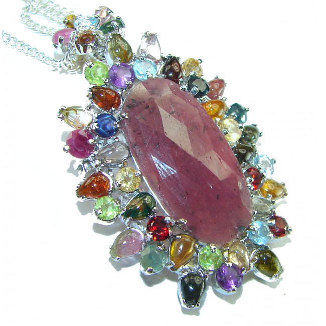 Vintage Beauty Authentic Ruby Smoky Topaz .925 Sterling Silver handcrafted 24 inches Statement necklace