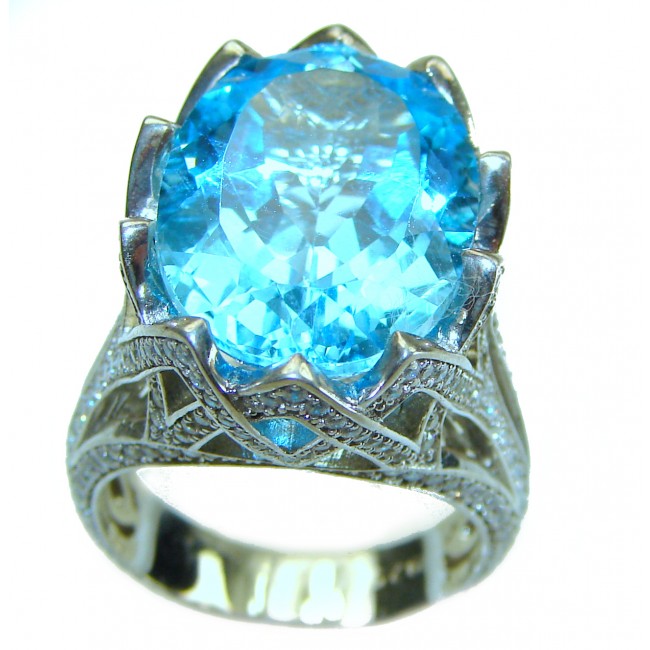 28.8 carat oval cut Swiss Blue Topaz .925 Sterling Silver handmade Ring size 6 1/4