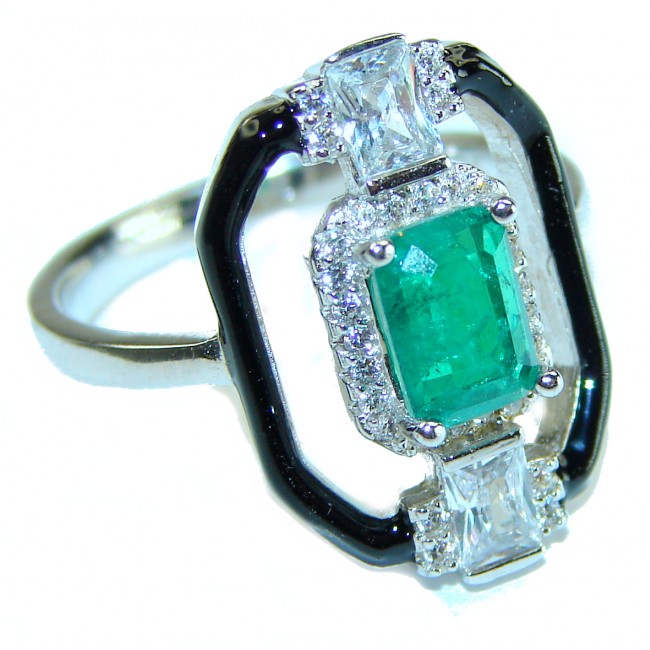 Art Deco Emerald black enamel .925 Sterling Silver handcrafted Ring size 8