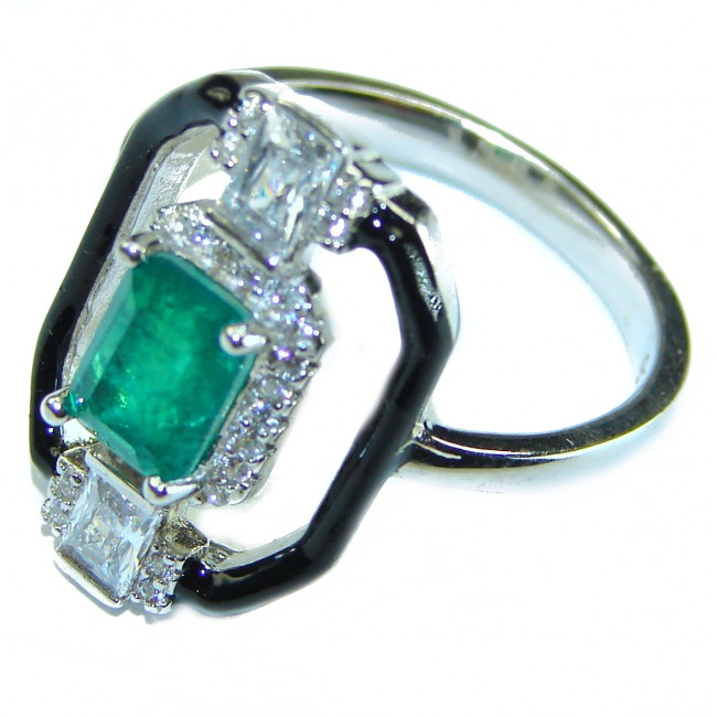 Art Deco Emerald black enamel .925 Sterling Silver handcrafted Ring size 8