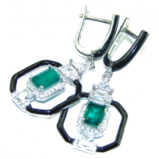 Art Deco Emerald black enamel .925 Sterling Silver handcrafted earrings