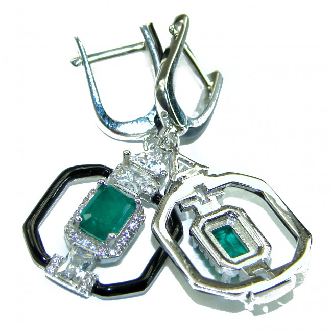 Art Deco Emerald black enamel .925 Sterling Silver handcrafted earrings