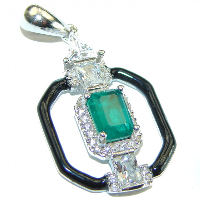 Art Deco Emerald black enamel .925 Sterling Silver handmade Pendant