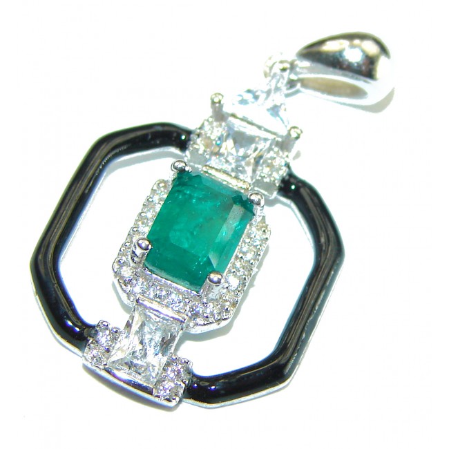 Art Deco Emerald black enamel .925 Sterling Silver handmade Pendant