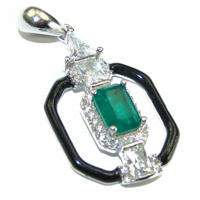 Art Deco Emerald black enamel .925 Sterling Silver handmade Pendant