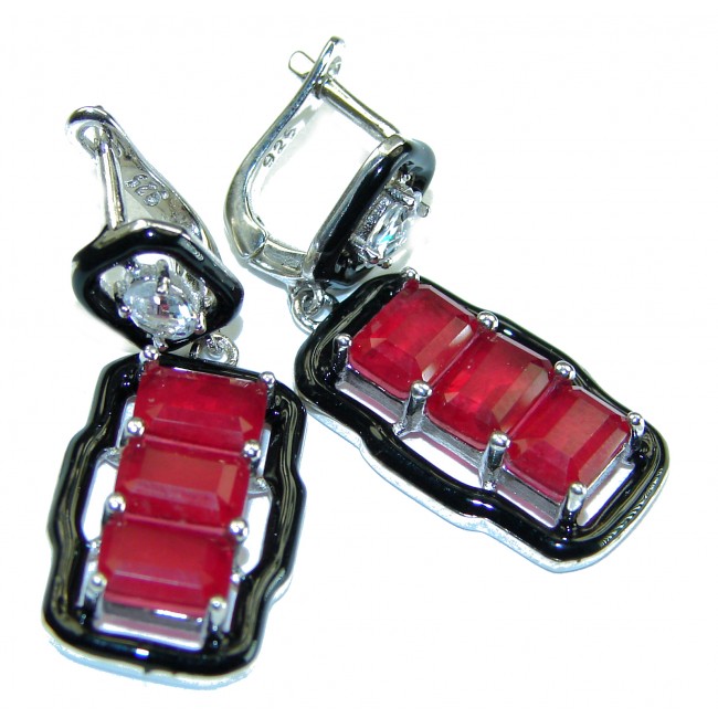 Art Deco Ruby black enamel .925 Sterling Silver handcrafted earrings