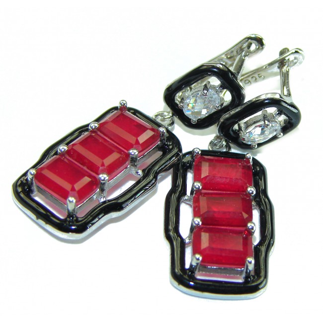 Art Deco Ruby black enamel .925 Sterling Silver handcrafted earrings