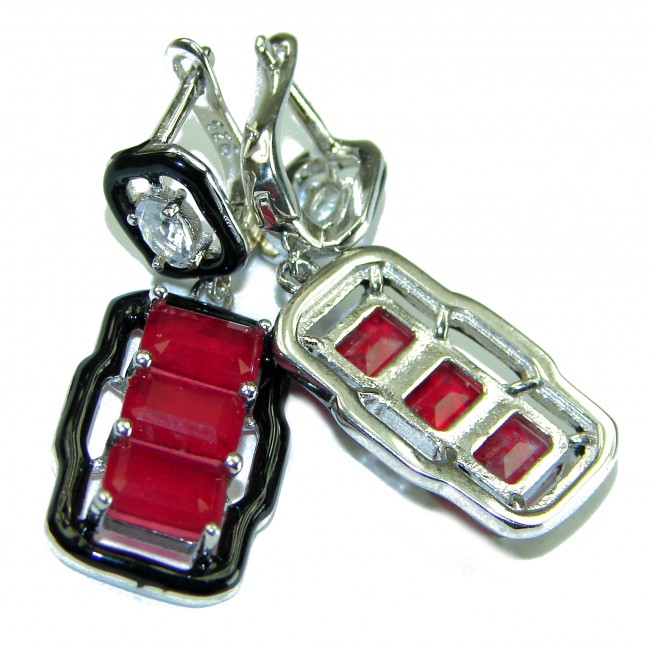 Art Deco Ruby black enamel .925 Sterling Silver handcrafted earrings