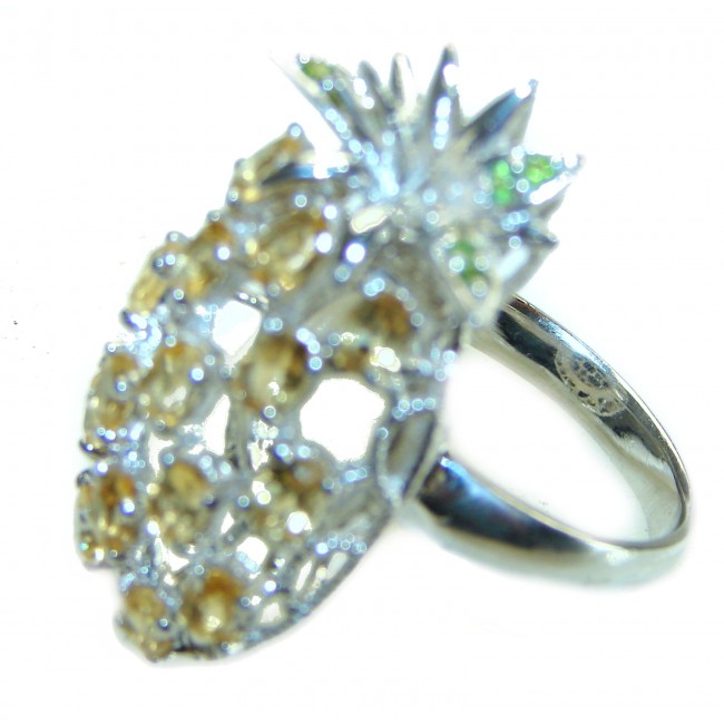 Large Pineapple Genuine Citrine .925 Sterling Silver handmade Cocktail Ring s. 9