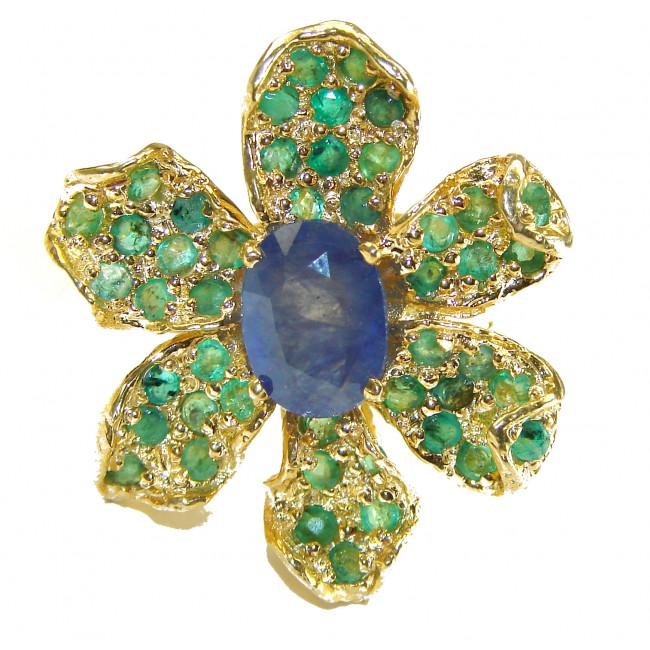 Green Flower genuine Grandidierite 14K Gold over .925 Sterling Silver handmade Ring s. 8 1/2