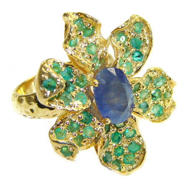 Green Flower genuine Grandidierite 14K Gold over .925 Sterling Silver handmade Ring s. 8 1/2