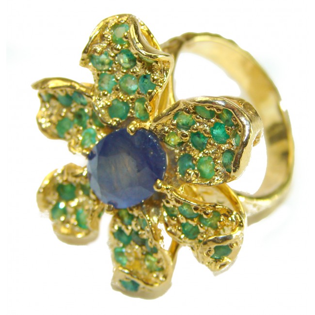 Green Flower genuine Grandidierite 14K Gold over .925 Sterling Silver handmade Ring s. 8 1/2