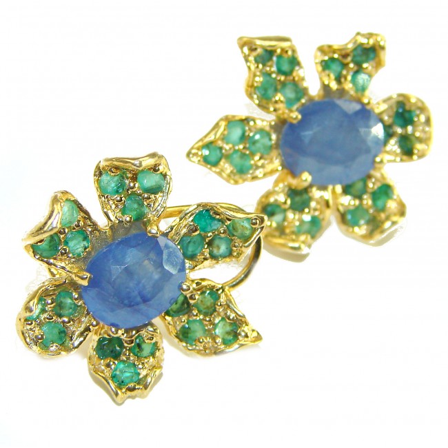 Green Flower genuine Grandidierite 14K Gold over .925 Sterling Silver handmade earrings