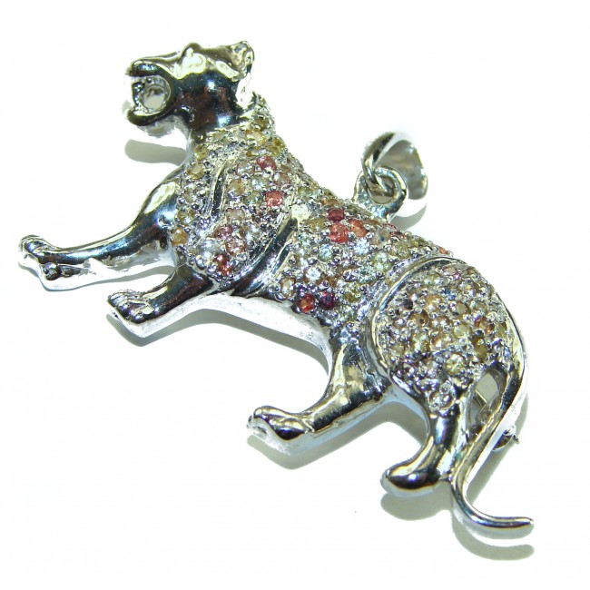 Precious Panther genuine multicolor Sapphire .925 Sterling Silver handmade Brooch Pendant