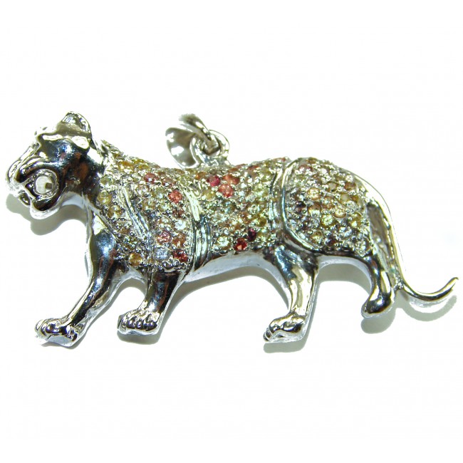 Precious Panther genuine multicolor Sapphire .925 Sterling Silver handmade Brooch Pendant