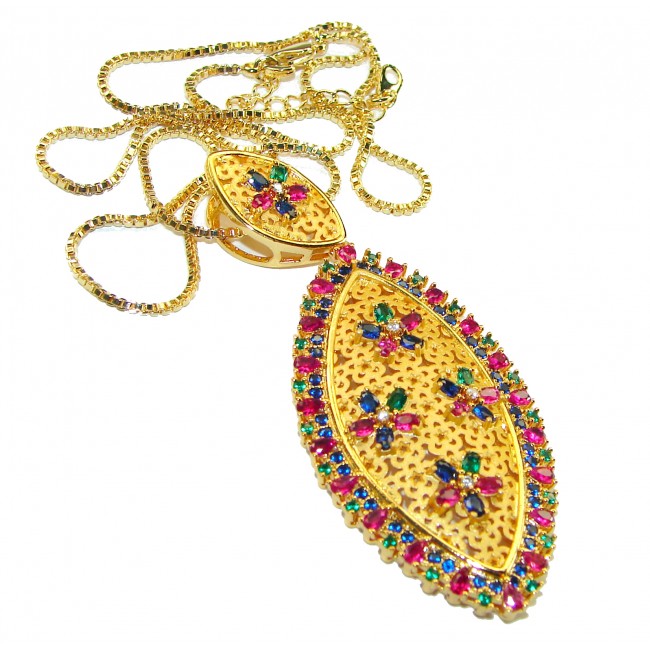 Byzantine Style Ruby Emerald Sapphire 14K Gold over .925 Sterling Silver handcrafted Necklace