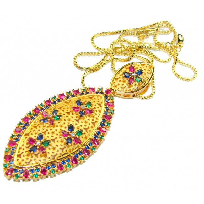 Byzantine Style Ruby Emerald Sapphire 14K Gold over .925 Sterling Silver handcrafted Necklace