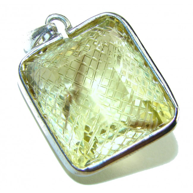 Vintage Style carved 55.2 carat Lemotrine .925 Sterling Silver handmade Pendant