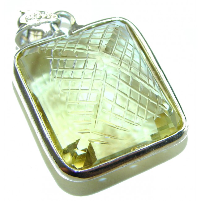 Vintage Style carved 55.2 carat Lemotrine .925 Sterling Silver handmade Pendant