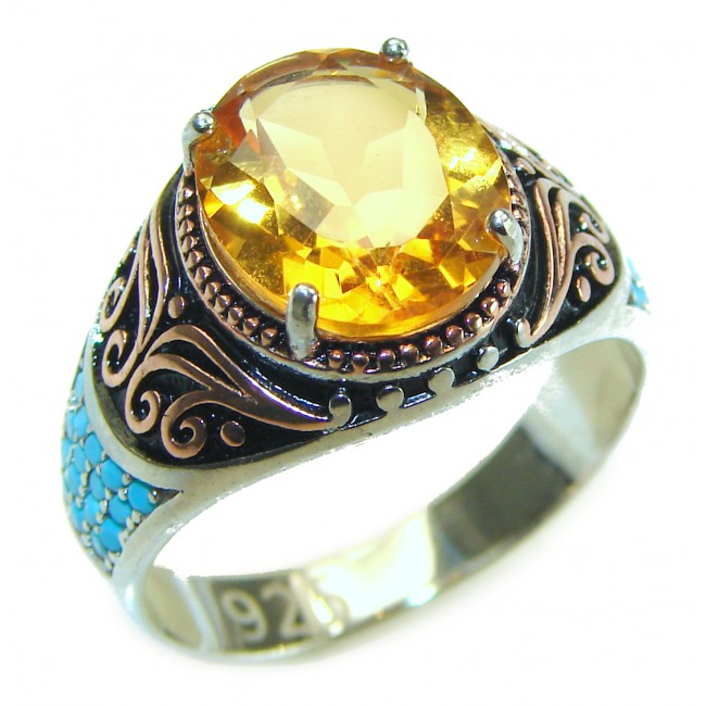 Genuine Citrine Turquoise .925 Sterling Silver handmade Cocktail Ring s. 9 1/4