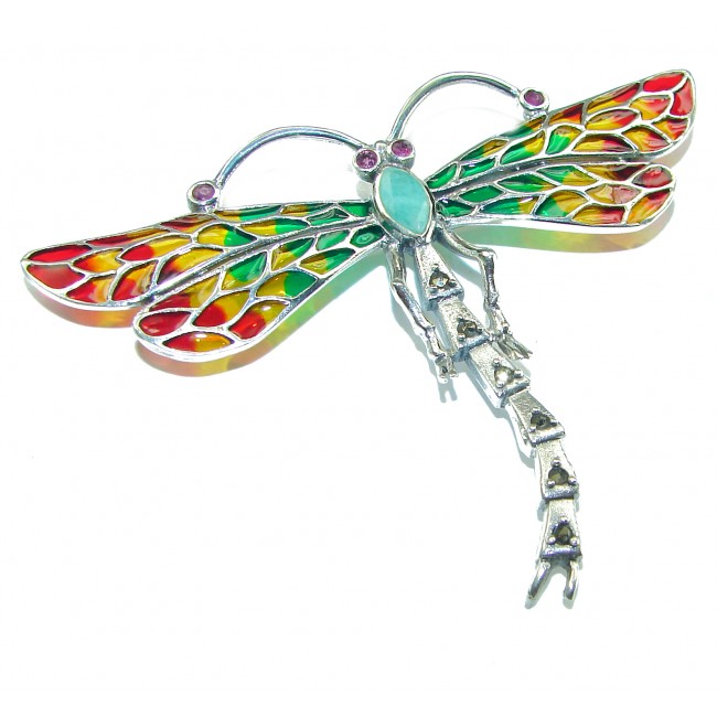 Big Dragonfly Emerald Enamel .925 Sterling Silver handcrafted Pendant Brooch