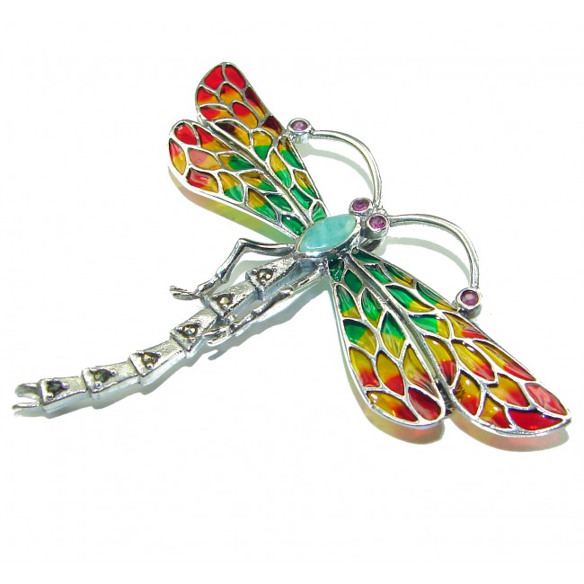 Big Dragonfly Emerald Enamel .925 Sterling Silver handcrafted Pendant Brooch