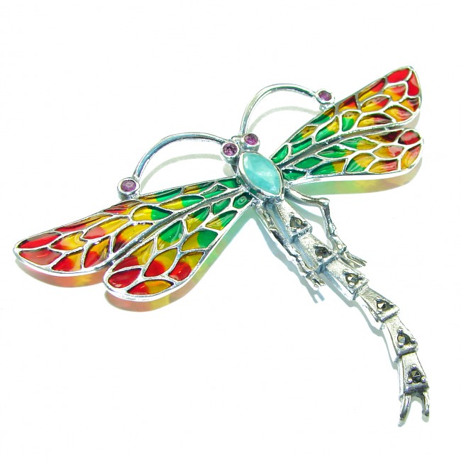 Big Dragonfly Emerald Enamel .925 Sterling Silver handcrafted Pendant Brooch