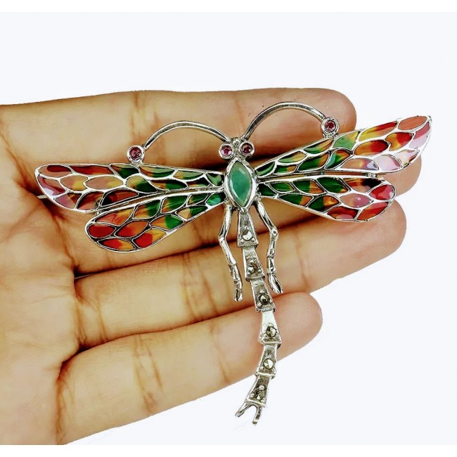 Big Dragonfly Emerald Enamel .925 Sterling Silver handcrafted Pendant Brooch