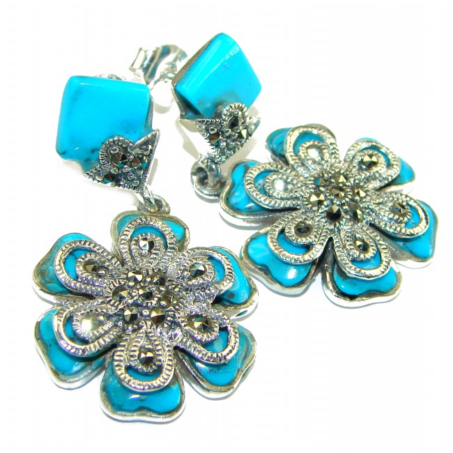 One of a kind Precious natural Turquoise .925 Sterling Silver handcrafted Earrings