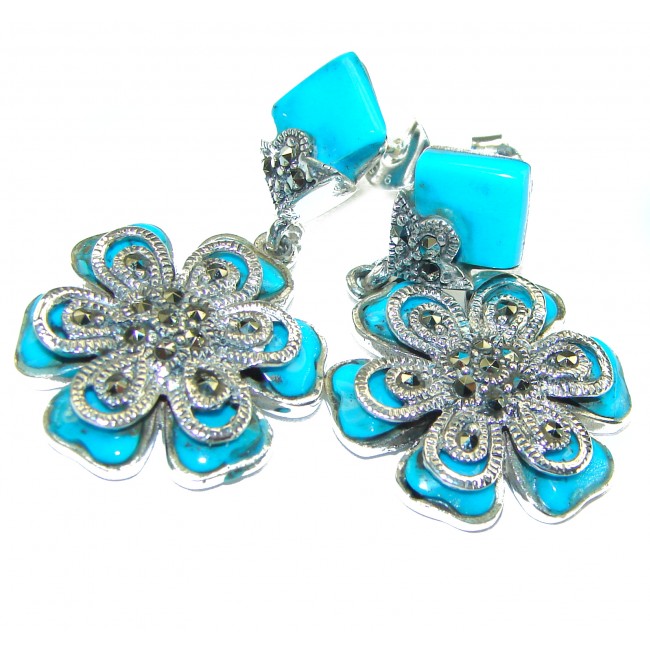 One of a kind Precious natural Turquoise .925 Sterling Silver handcrafted Earrings