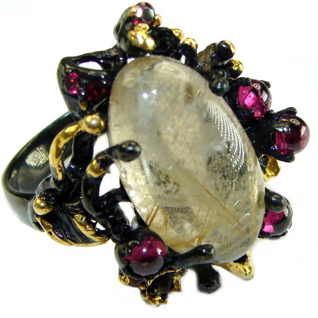 Large Best quality Golden Rutilated Quartz black rhodium over .925 Sterling Silver handcrafted Ring Size 8 1/2