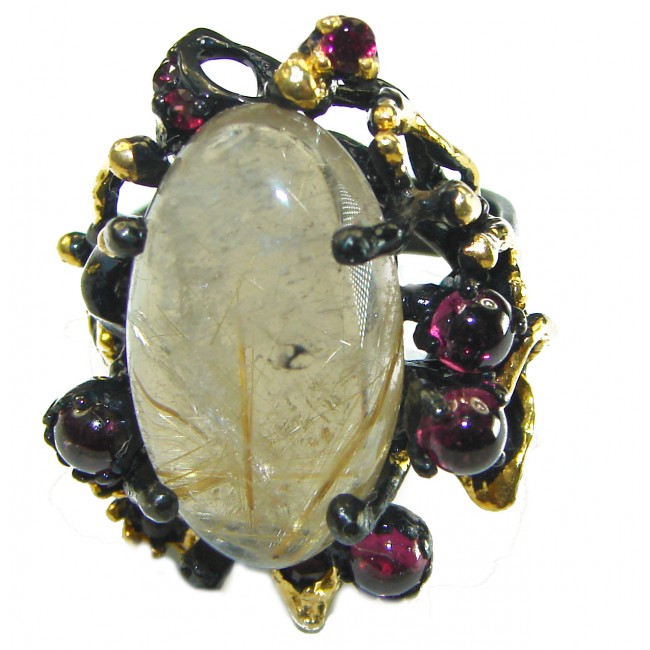 Large Best quality Golden Rutilated Quartz black rhodium over .925 Sterling Silver handcrafted Ring Size 8 1/2