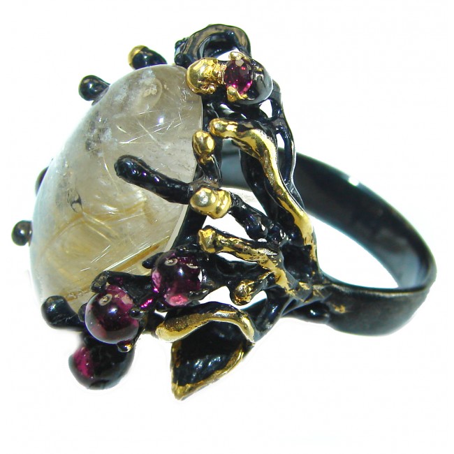 Large Best quality Golden Rutilated Quartz black rhodium over .925 Sterling Silver handcrafted Ring Size 8 1/2