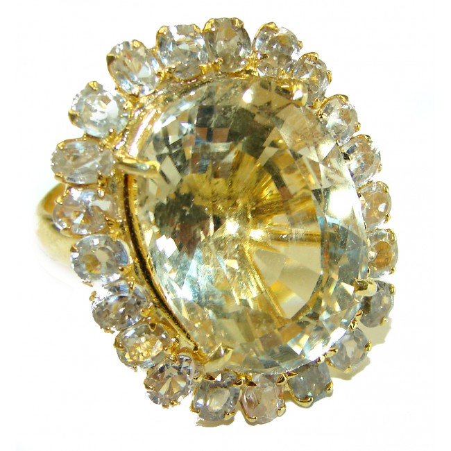 32.8 carat Genuine Lemon Quartz 14K Gold over .925 Sterling Silver handcrafted Huge Statement ring size 8 1/4