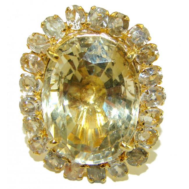 32.8 carat Genuine Lemon Quartz 14K Gold over .925 Sterling Silver handcrafted Huge Statement ring size 8 1/4