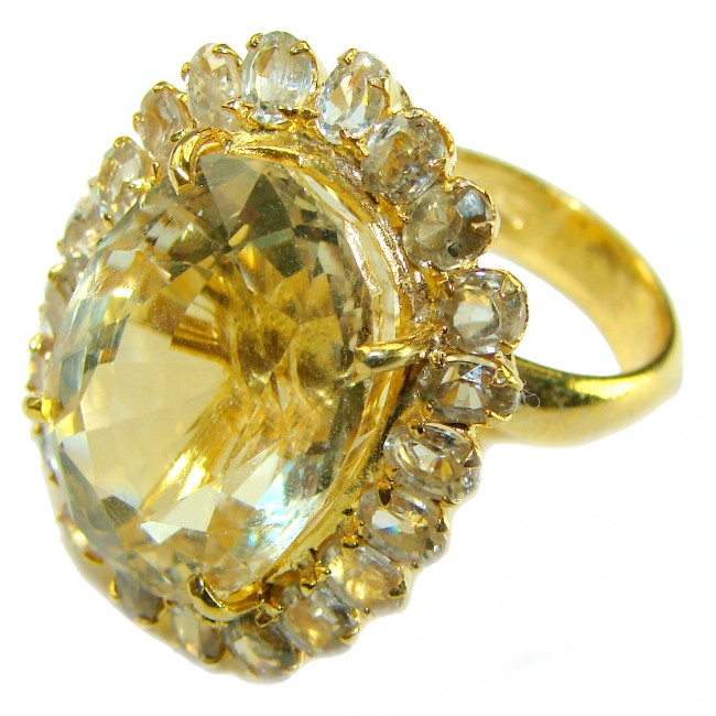 32.8 carat Genuine Lemon Quartz 14K Gold over .925 Sterling Silver handcrafted Huge Statement ring size 8 1/4