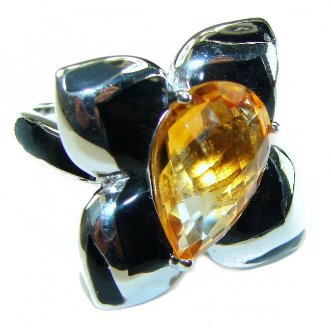 Abstraction Genuine Citrine Enamel .925 Sterling Silver handmade Cocktail Ring s. 7 1/4