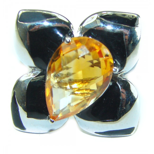 Abstraction Genuine Citrine Enamel .925 Sterling Silver handmade Cocktail Ring s. 7 1/4