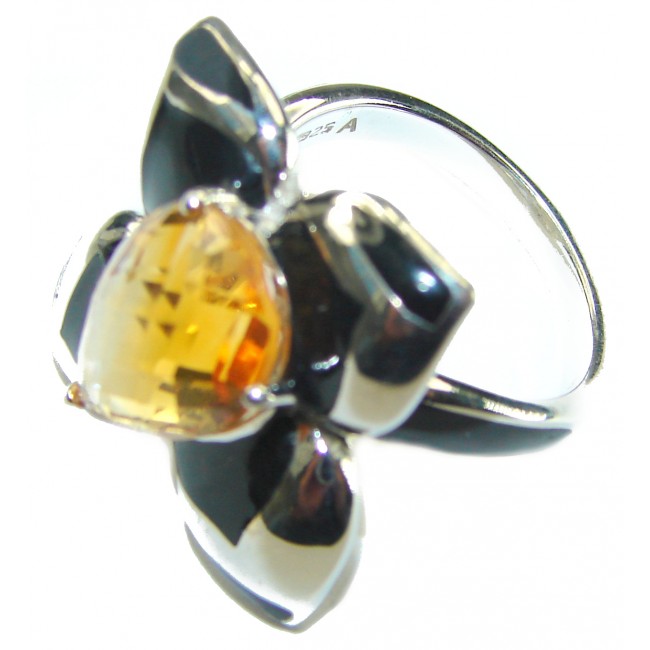 Abstraction Genuine Citrine Enamel .925 Sterling Silver handmade Cocktail Ring s. 7 1/4