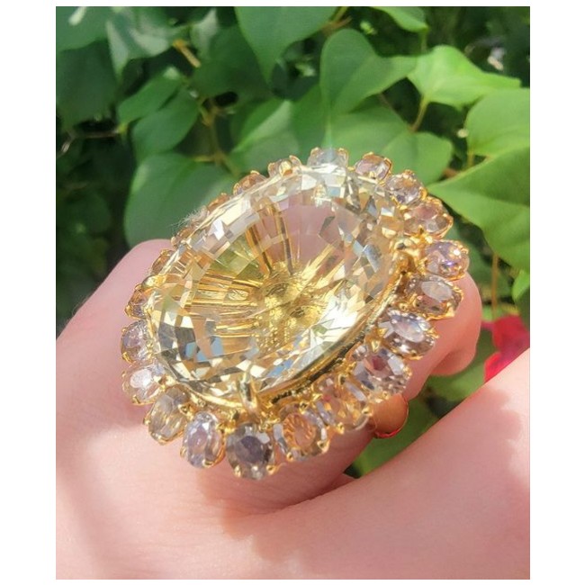 32.8 carat Genuine Lemon Quartz 14K Gold over .925 Sterling Silver handcrafted Huge Statement ring size 8 1/4