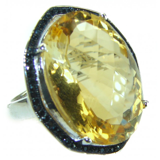 55.5 CARAT Breeze Lemon Quartz black diamonds .925 Sterling Silver handmade Large Cocktail Ring size 8 3/4