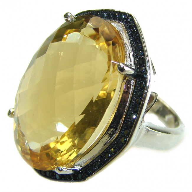 55.5 CARAT Breeze Lemon Quartz black diamonds .925 Sterling Silver handmade Large Cocktail Ring size 8 3/4