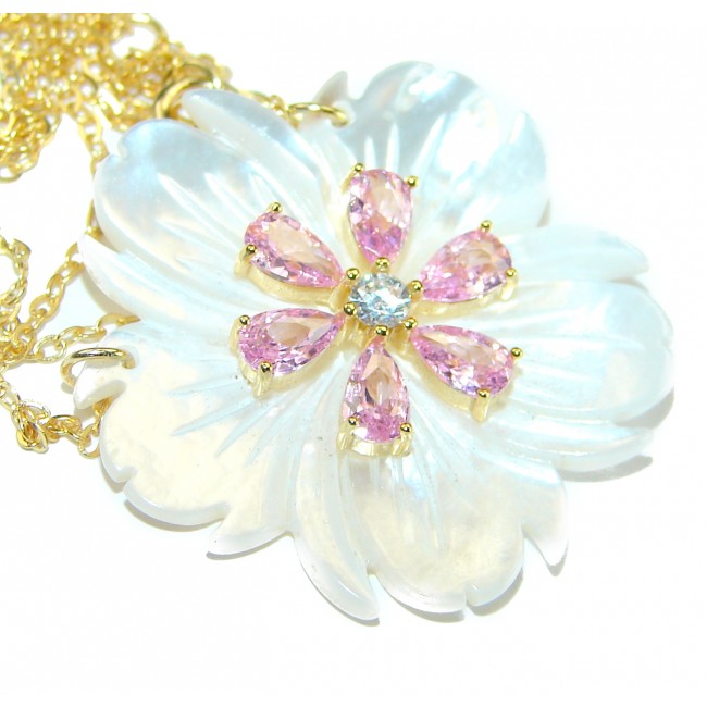 Floral Design Kunzite Blister Pearl 14K Gold over .925 Sterling Silver Necklace