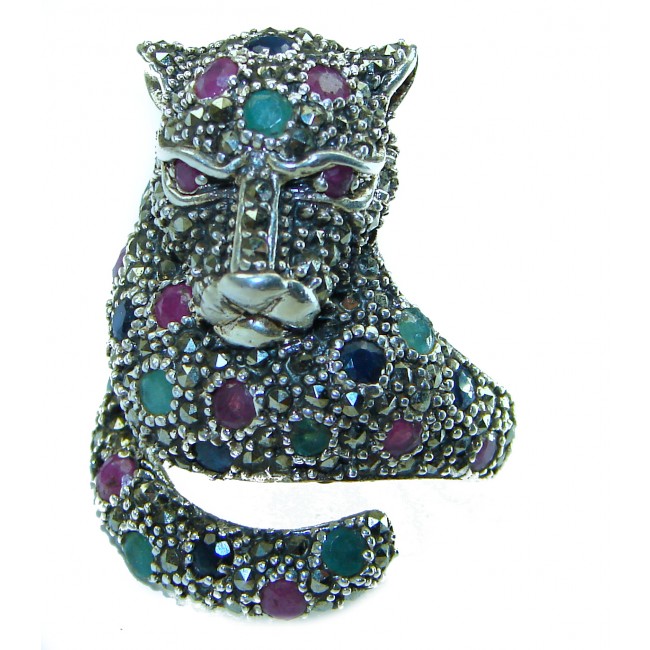 Red Panther authentic Ruby Emerald Sapphire .925 Sterling Silver Large handcrafted Ring size 8