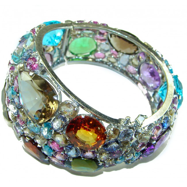 Truly Spectacular Multi Gemstones .925 Sterling Silver handmade bangle Bracelet