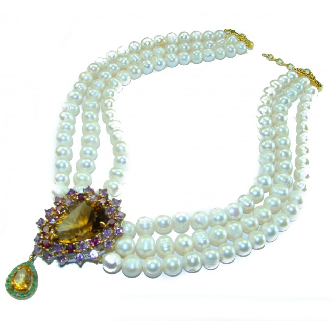 Spectacular Pearl Smoky Topaz 14K Gold over .925 Sterling Silver handmade Necklace