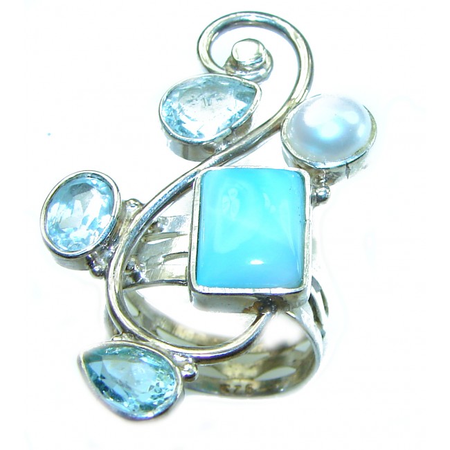 Precious Blue Larimar .925 Sterling Silver handmade ring size 5 3/4